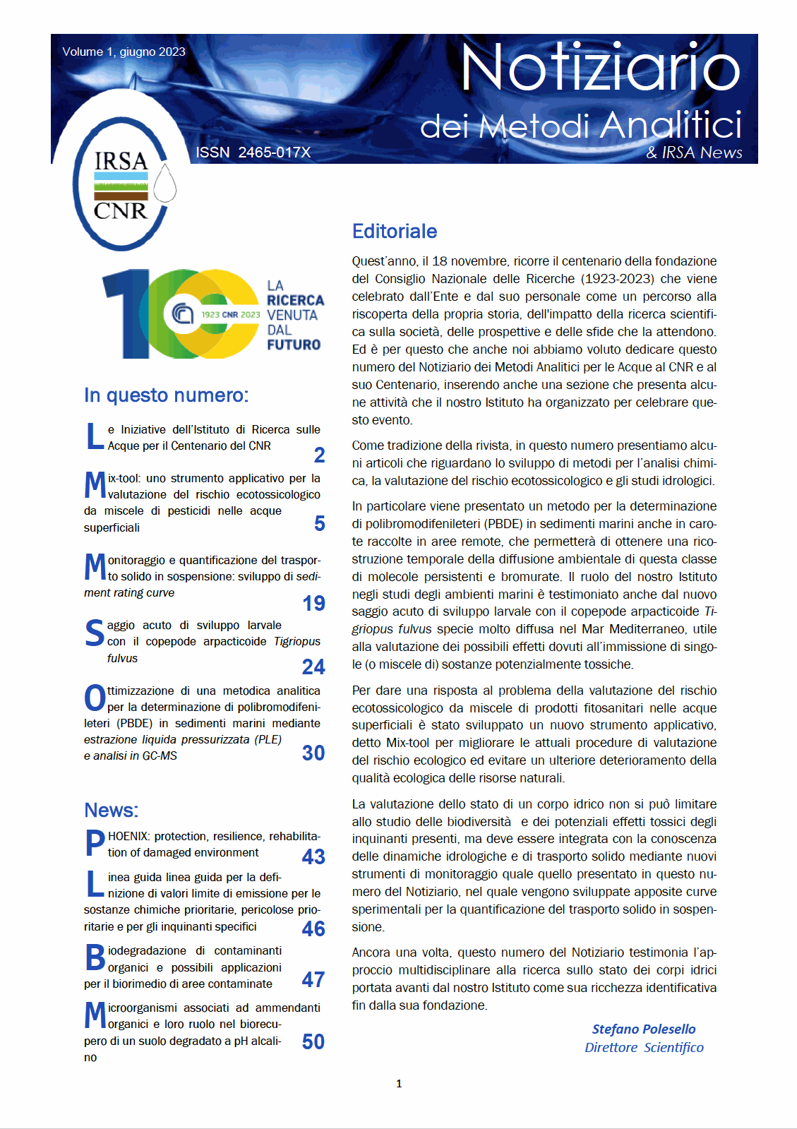 Notiziario dei Metodi Analitici & IRSA News, Numero speciale dedicato al Centenario del CNR.